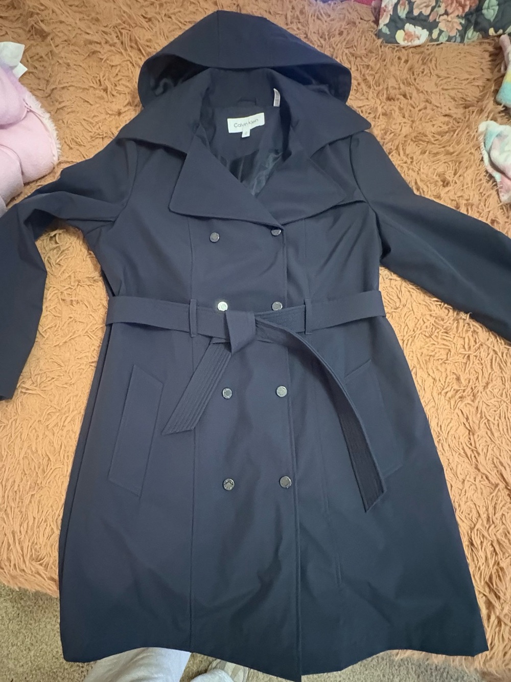 Calvin Klein Dark Navy Hooded Double-Breasted Trench Coat